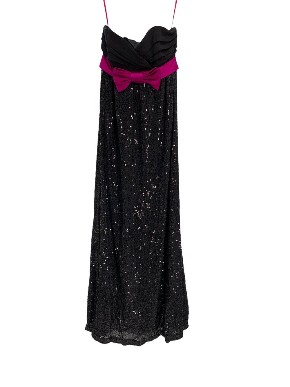 Betsey Johnson Dress Black Sequin Pink Satin Bow Maxi Strapless 2